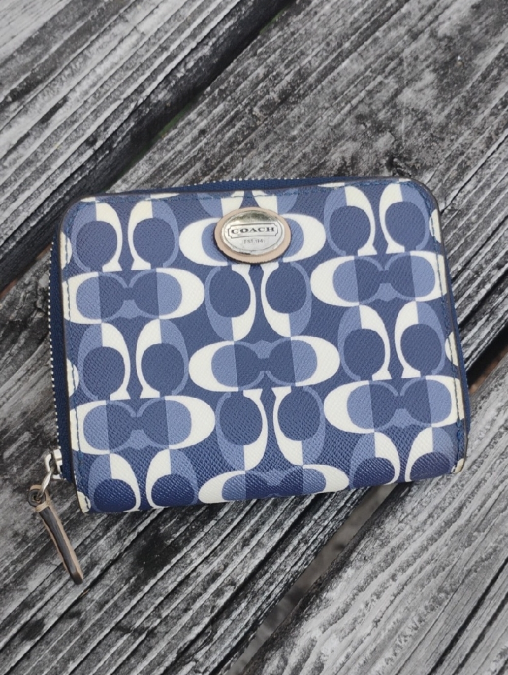 Coach Blue and White Jacquard Signature medium Bifold Wallet